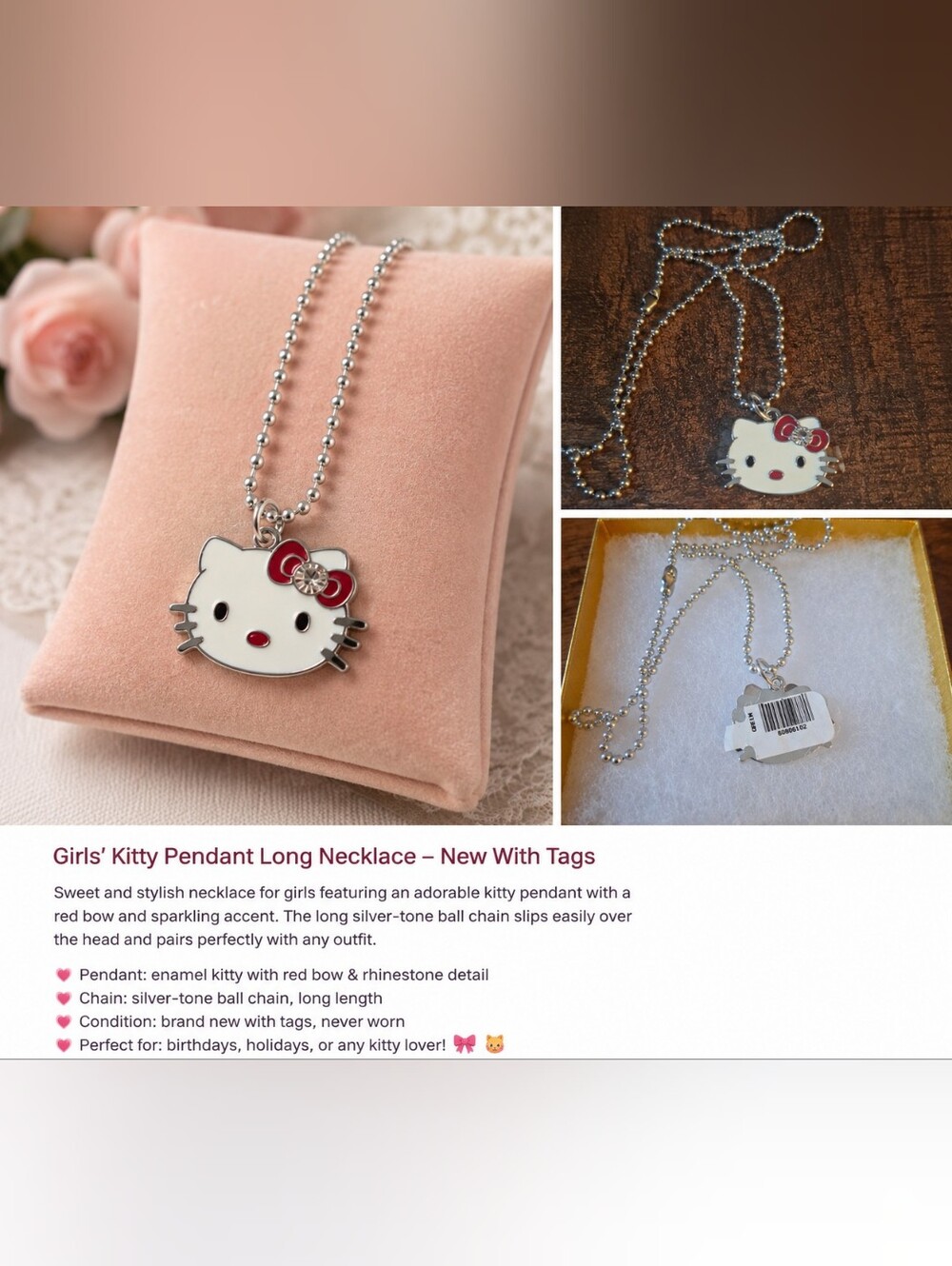 Hello Kitty Red Bow Pendant Necklace for Kids